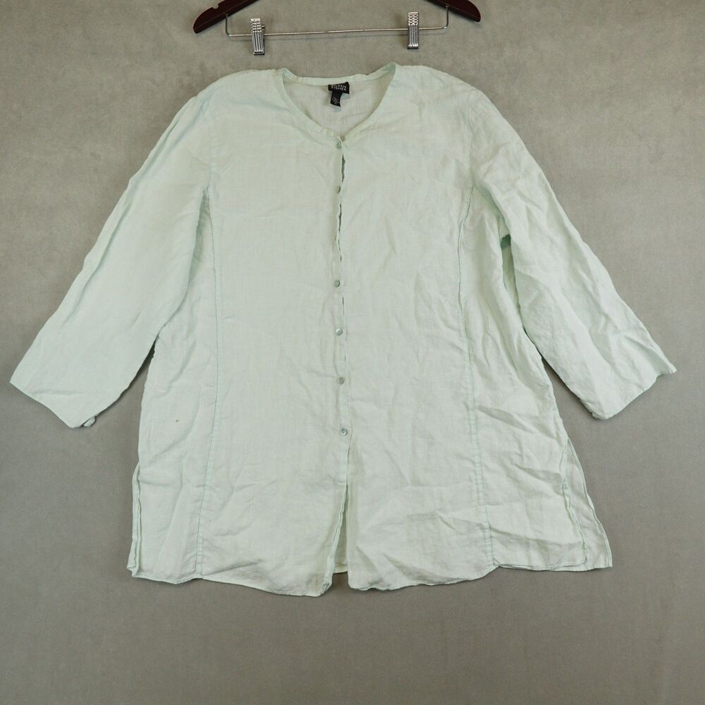 Eileen Fisher Irish Linen Blouse Womens XL Green Band Collar Button Up Top